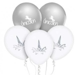 Baloni Unicorn - srebrno beli, 5/1 - lateks